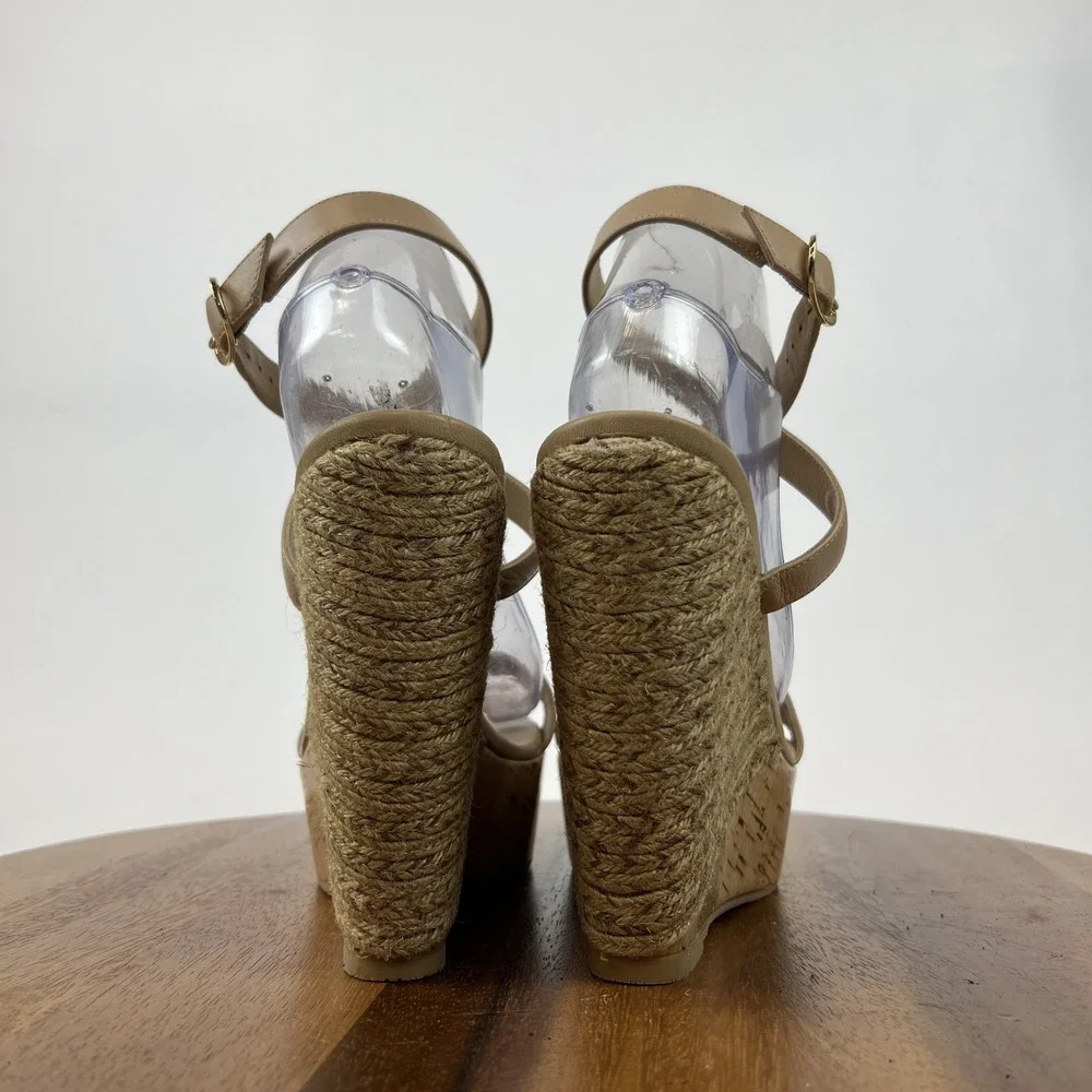 New Womens Stuart Weitzman 5050 Beige Leather Raffia Platform Wedge Sandals Sz 9